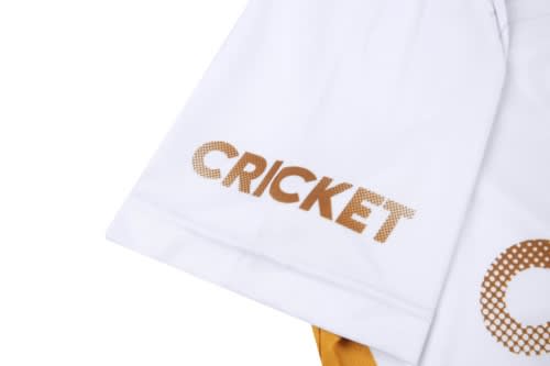 A white cricket jersey featuring a gold design and a logo on the sleeve.