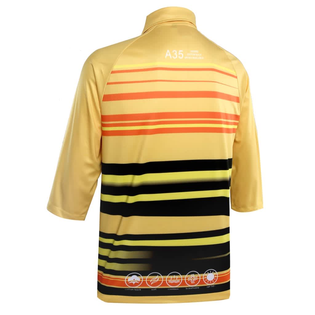 A polo shirt in gold with horizontal stripes of black, orange, and yellow. It features a logo on the back.