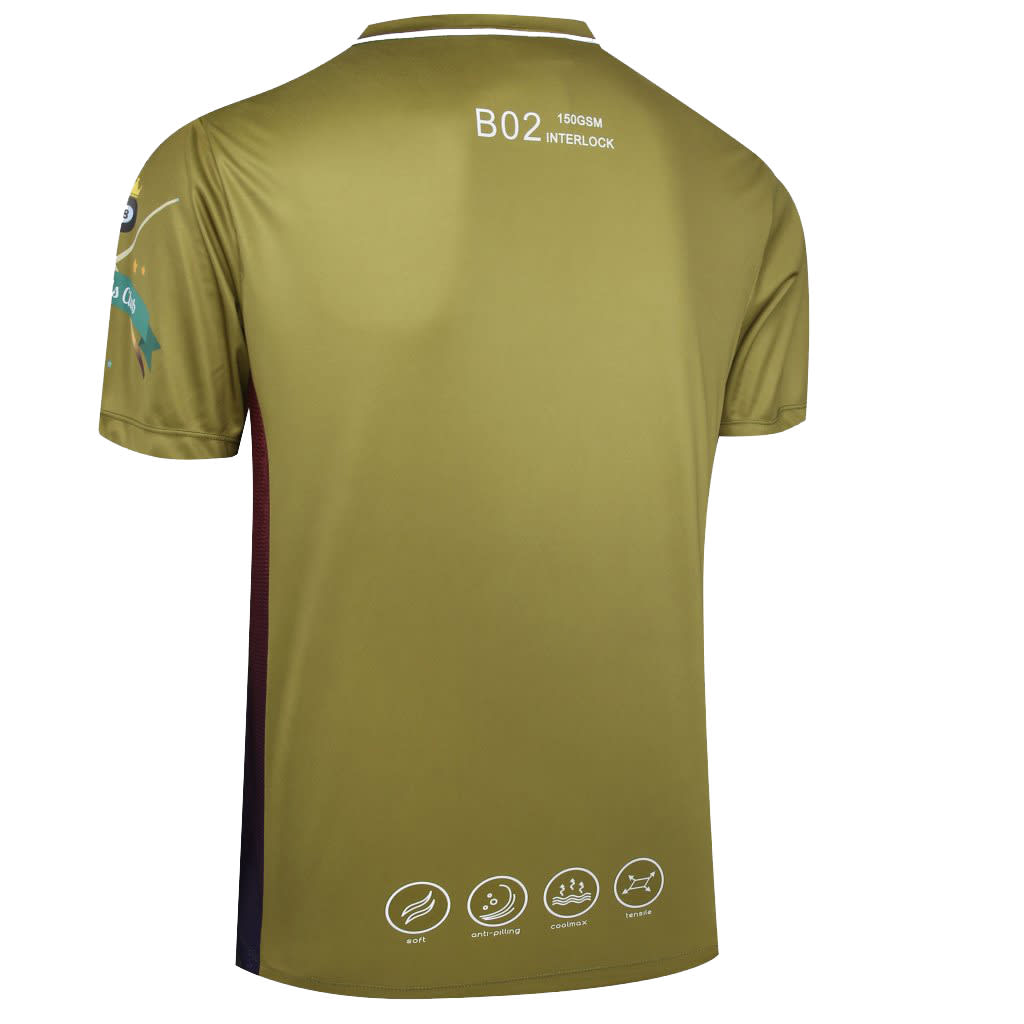 A green and maroon shirt with short sleeves, featuring an emblem and various logos on the back.