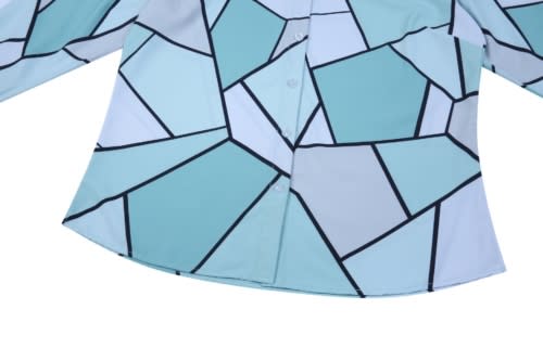 A shirt featuring a geometric pattern in shades of light blue and white, with black outlines. It has a button-up front.