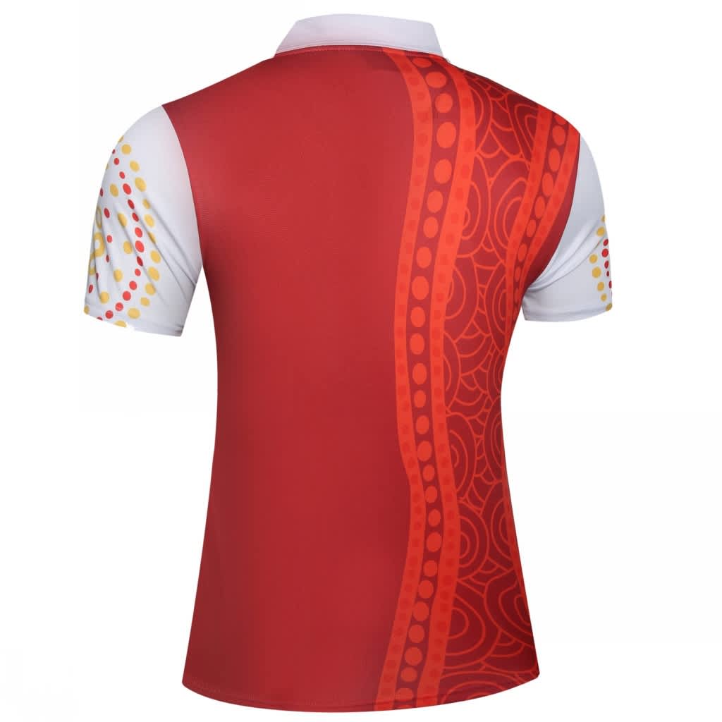 A red and white polo shirt featuring a unique patterned design on the back, with a logo present.