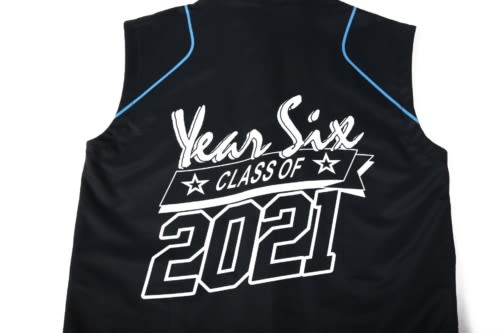 A black sleeveless waistcoat featuring blue accents and text marking "Year Six Class of 2021." The back has a logo.