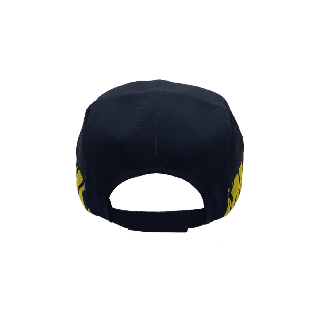 A navy blue cap featuring a yellow logo on the side and an adjustable strap at the back.
