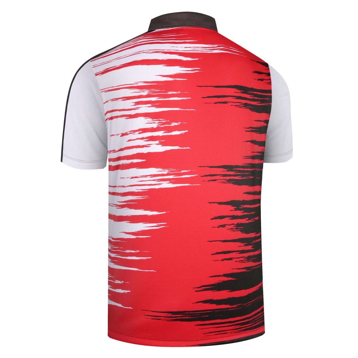 A red and white polo shirt with a dynamic stripe pattern and a logo on the front.