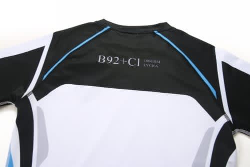 A black and white swimming instructor uniform featuring blue accents, designed for anti-chlorine protection.