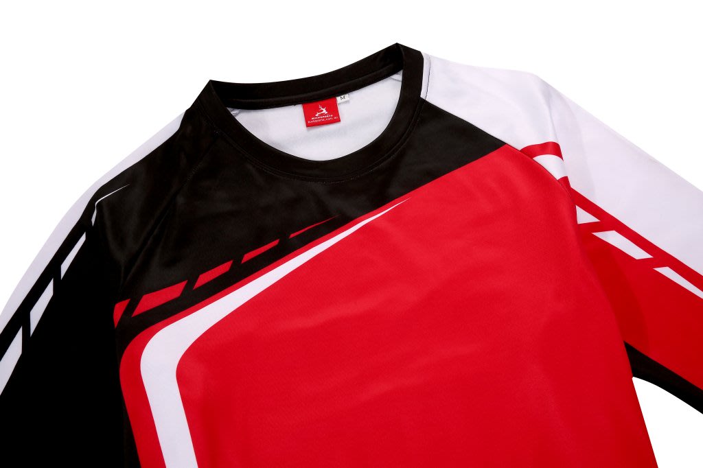 A red, black, and white heavy pullover featuring a sporty design and a logo on the collar.