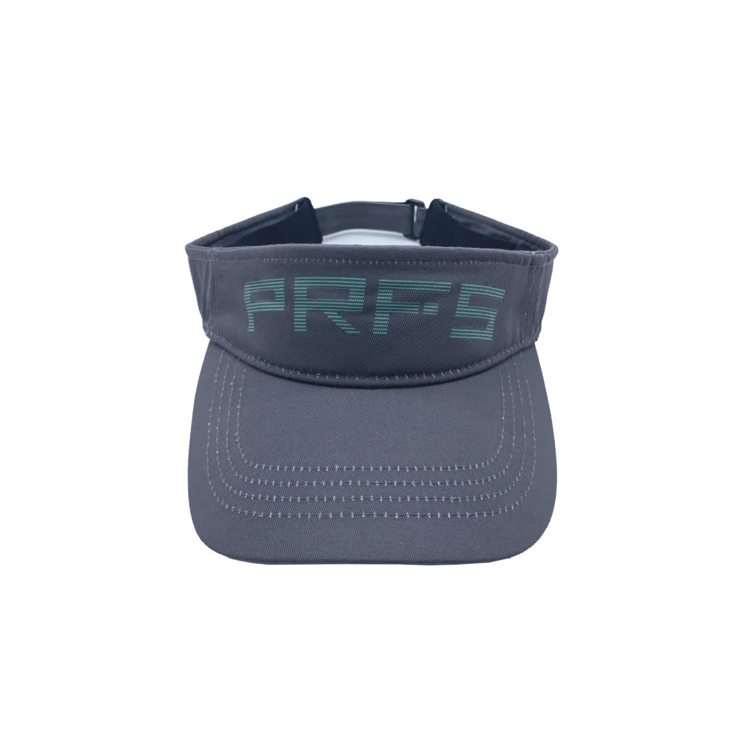 A grey sport visor featuring a front peak and a logo, designed for active use.