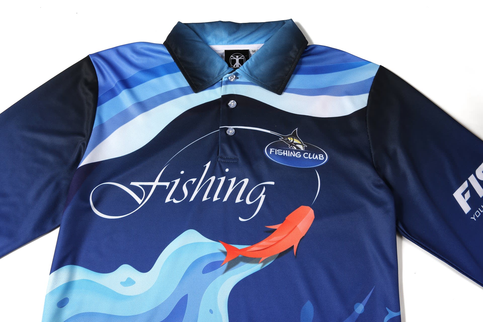 A blue and dark blue long-sleeve fishing uniform featuring fish graphics and a logo on the chest.