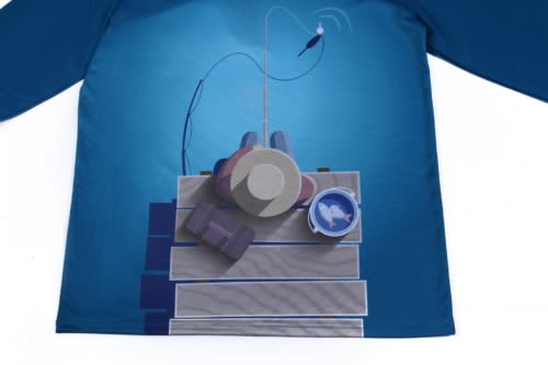 A blue long-sleeve jersey featuring a fishing scene with a fishing rod and tackle on a wooden dock design.