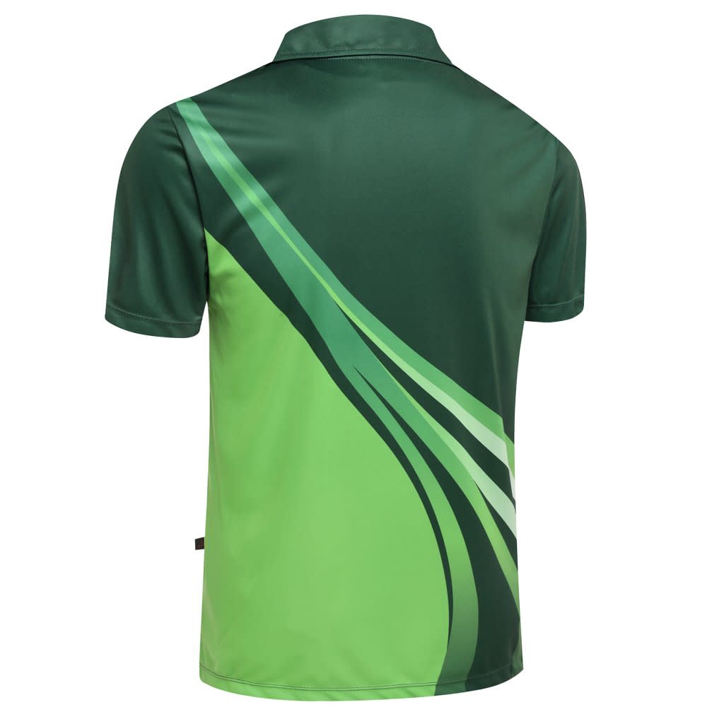 A green and darker green polo shirt featuring a wavy design and a branding logo on the back.