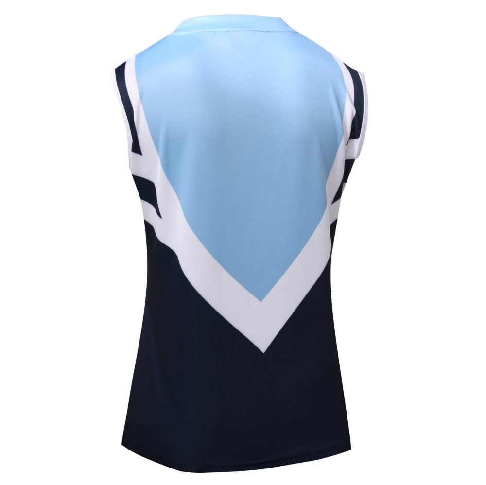 A sleeveless touch football vest in light blue and navy, featuring a distinctive chevron design on the back.