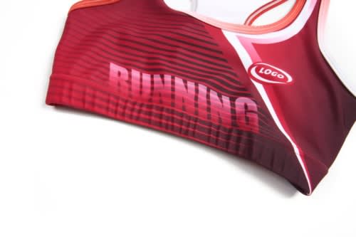 A red sports uniform top with gradient stripes and a logo, featuring the word "RUNNING" prominently displayed.