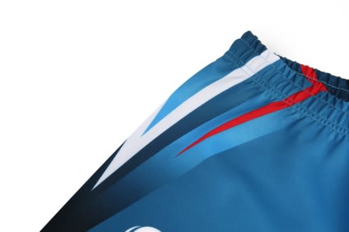 A blue rugby jersey with red and white accents, featuring an elastic waistband and a logo.