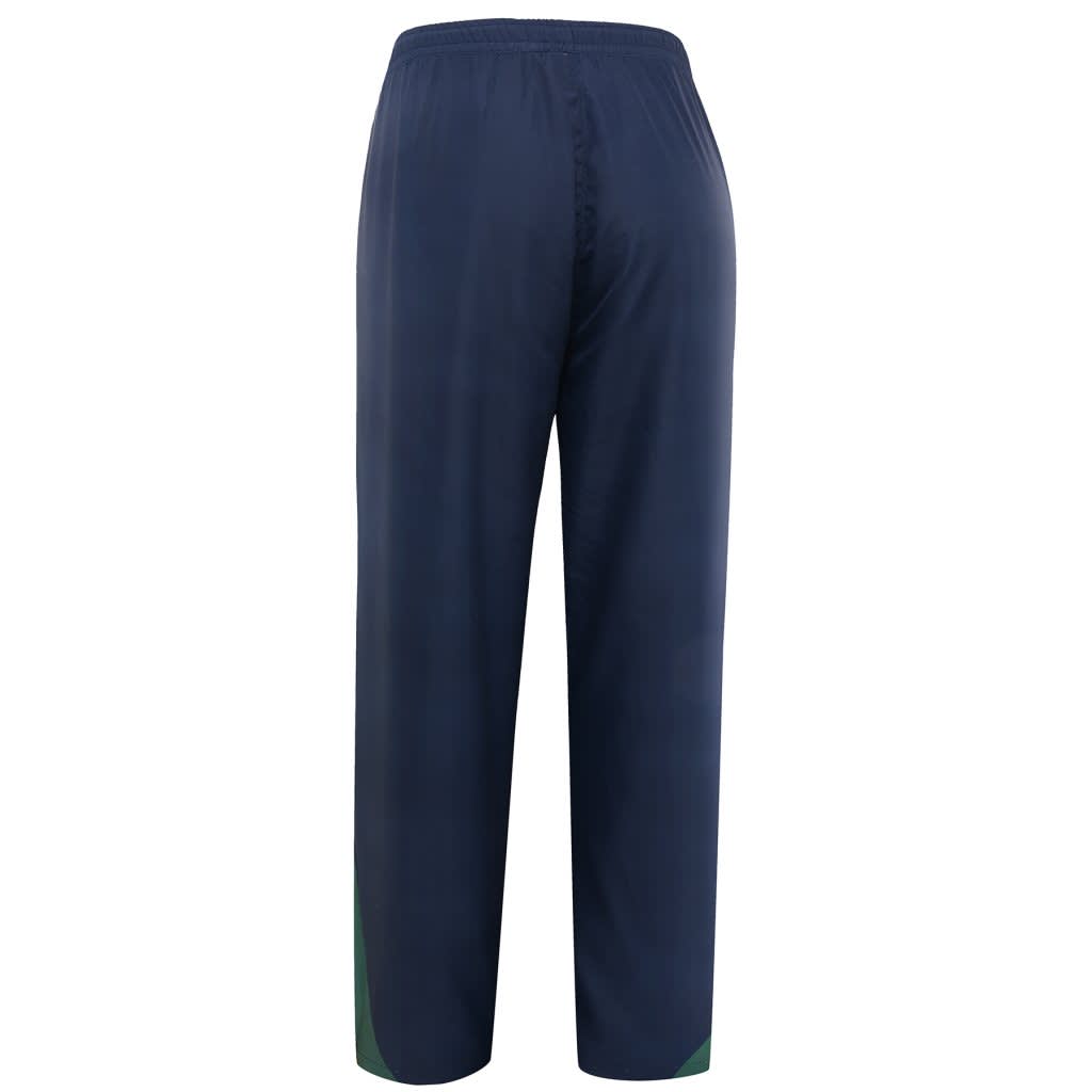Navy pants with a contrasting green detail and elastic waistband, featuring a logo.