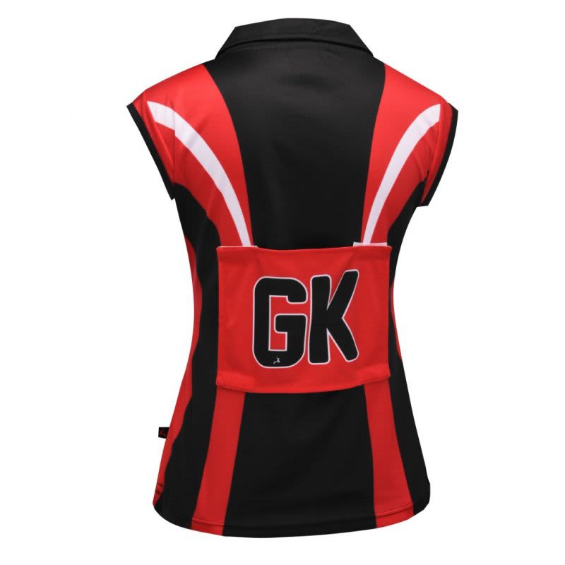 A netball polo featuring red and black colours with a zippered pocket and a logo on the back.
