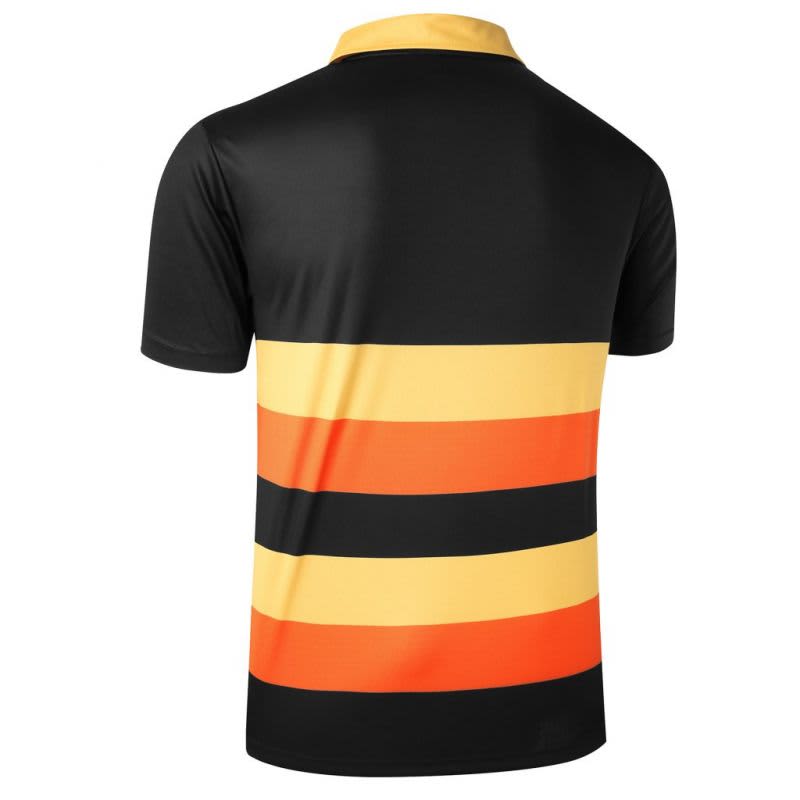 A black polo shirt with horizontal stripes in orange and yellow, featuring a collar and a logo.