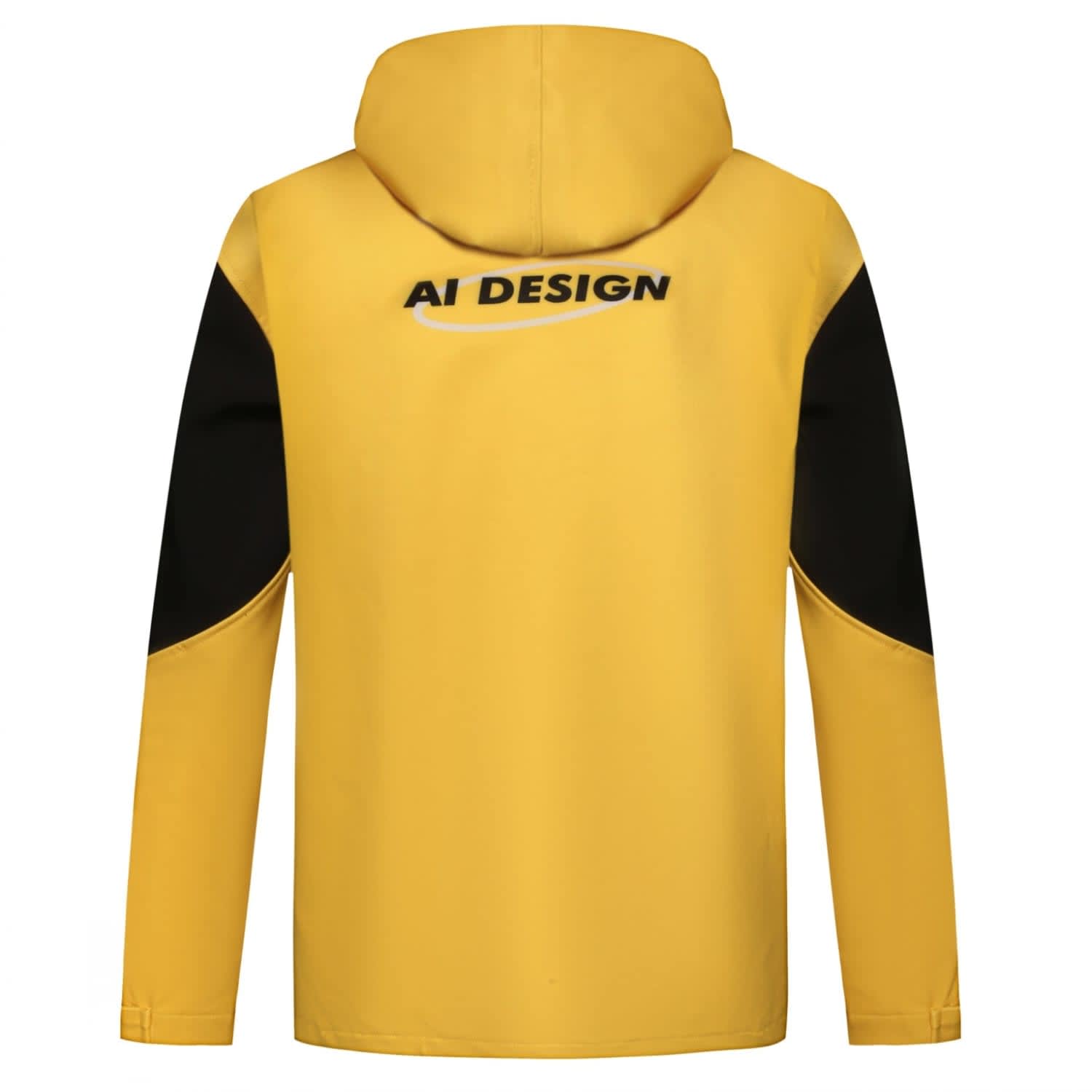 A yellow softshell jacket with black side panels and a hood. It features a logo on the back.