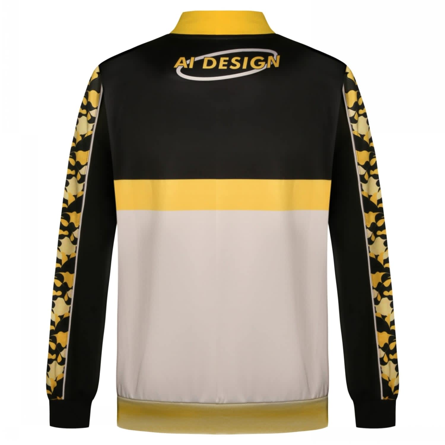 A black, white, and yellow jacket featuring a logo and patterned sleeves.