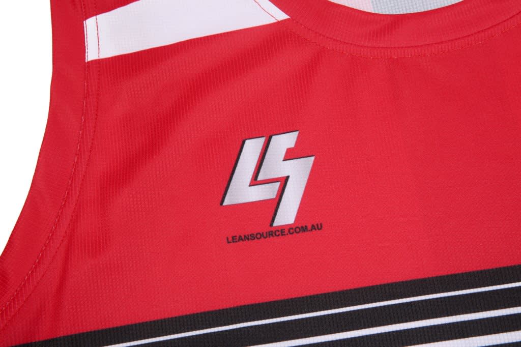 A red singlet featuring black and white stripes with a logo on the front.