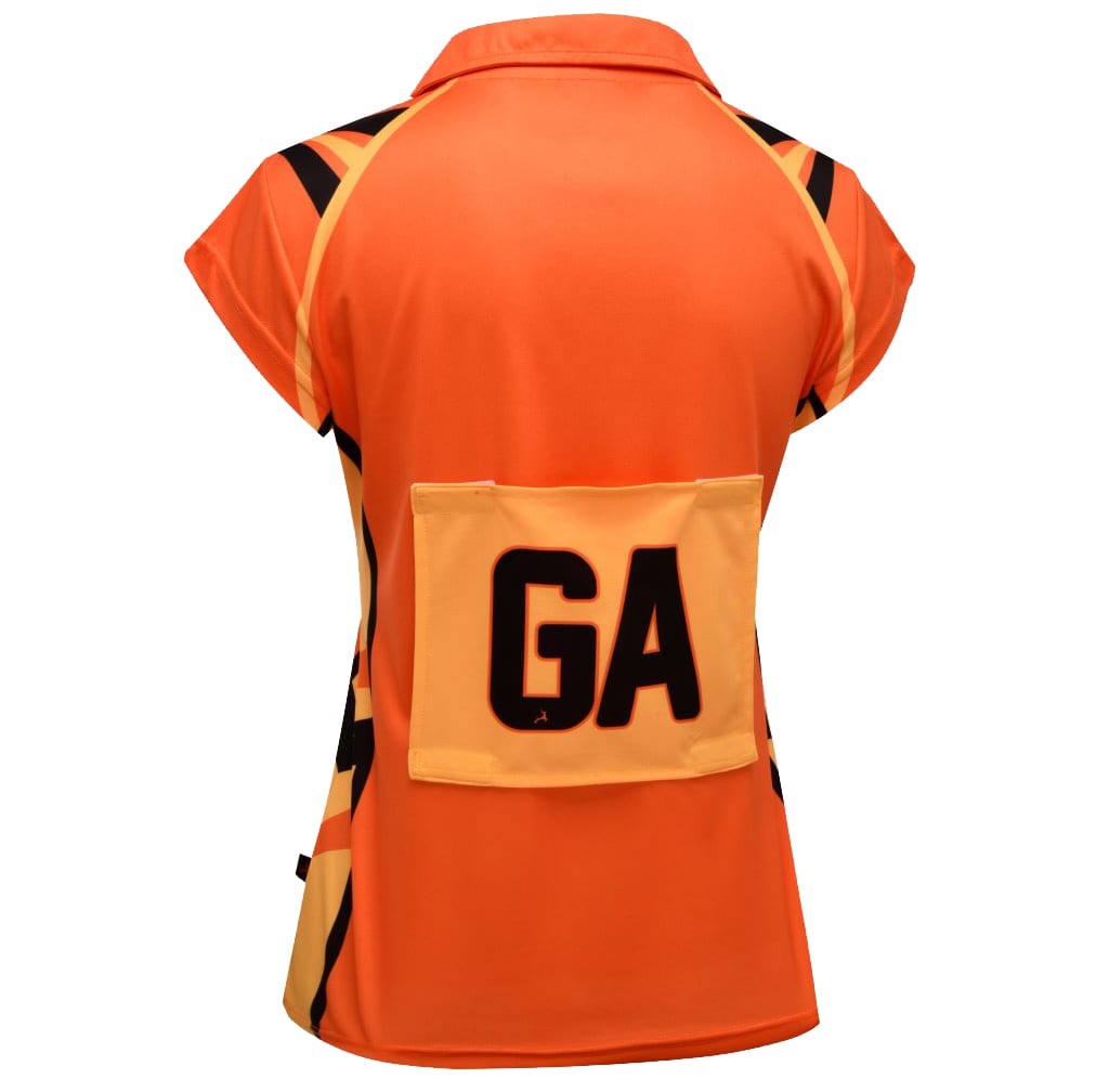 An orange netball polo with a black and yellow design, featuring a pocket with "GA" on the back and a logo.