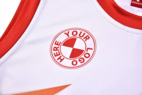 A white sports jersey featuring red accents and a logo on the chest area.