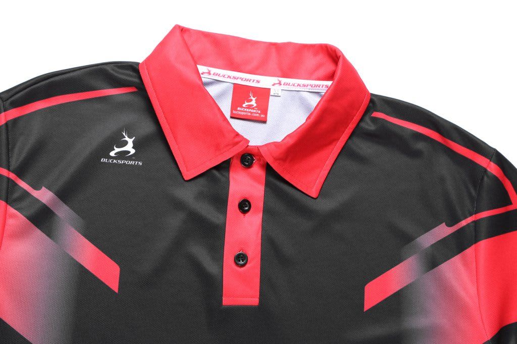 A men's polo shirt in black with red detailing, featuring a logo on the chest and a three-button placket.