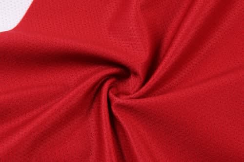 A vibrant red fabric, featuring a textured pattern, suitable for a soccer uniform. Includes a logo.