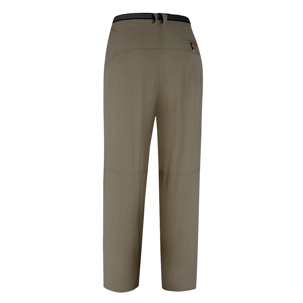 Windbreaker pants in a light olive green colour, featuring a waistband and a logo on the back.