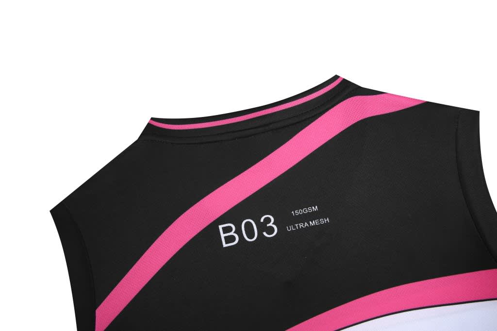 A black custom basketball vest with pink stripes and a logo, featuring a mesh design for breathability.