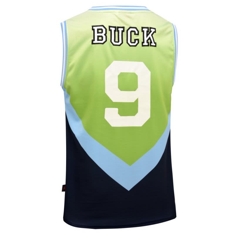 A sleeveless basketball singlet in green, blue, and navy, featuring the name "BUCK" and the number 9 on the back.