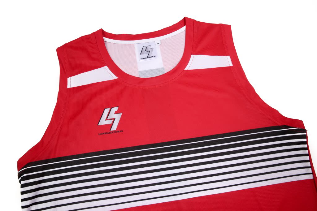 A red singlet with white and black stripes, featuring a logo on the front.
