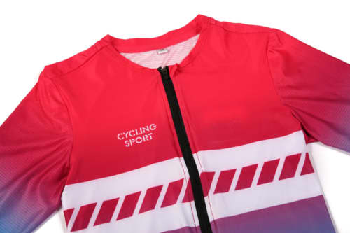 A red and white cycling jersey featuring a zip front and a logo, designed for sports teams.