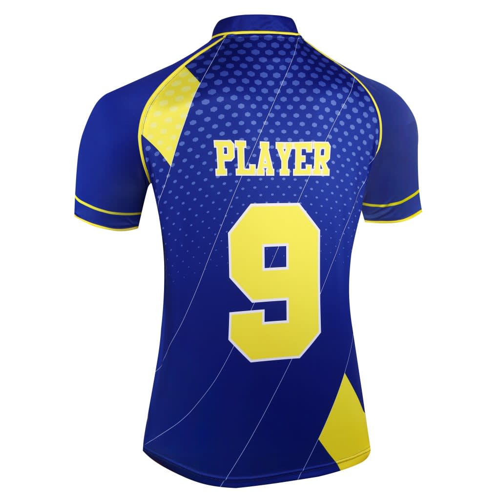 A blue polo shirt with yellow accents and a large "9" on the back, featuring a logo.