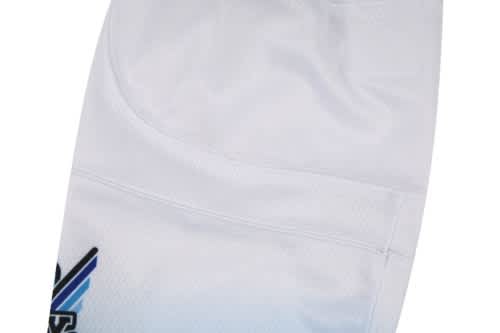 A white ice hockey jersey featuring a gradient pattern and a logo at the bottom.