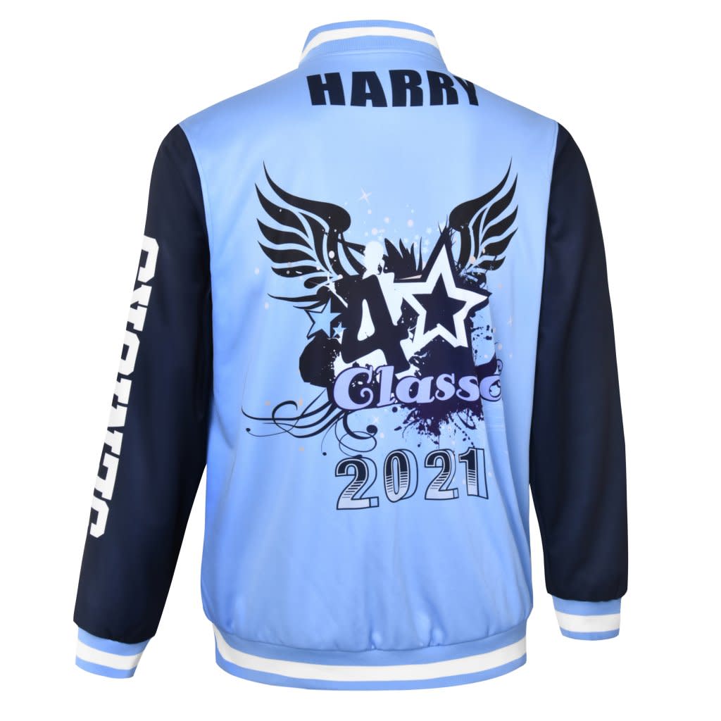 A light blue and navy leavers jacket featuring graphic designs and a logo, with 'HARRY' printed on the back.