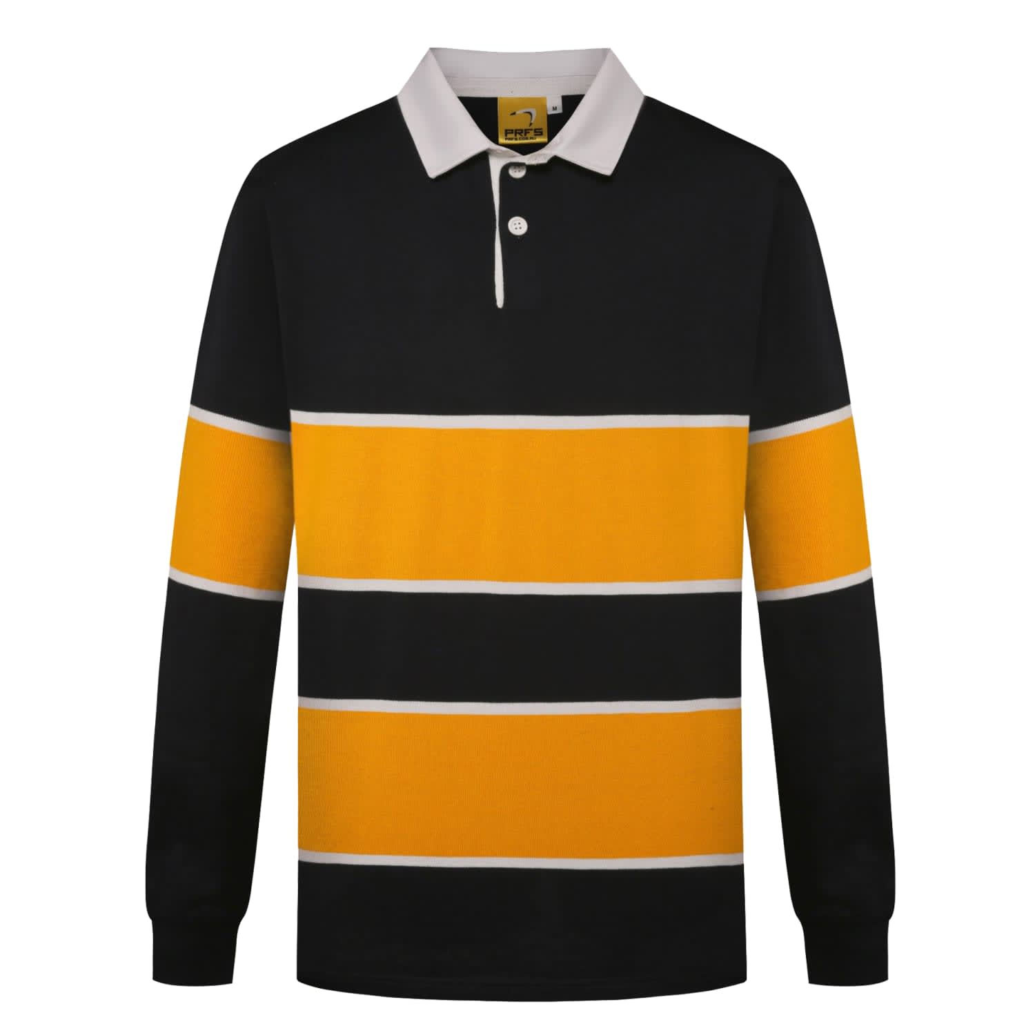 A black and yellow long-sleeve sports jumper with horizontal stripes and a white collar. Features a logo.
