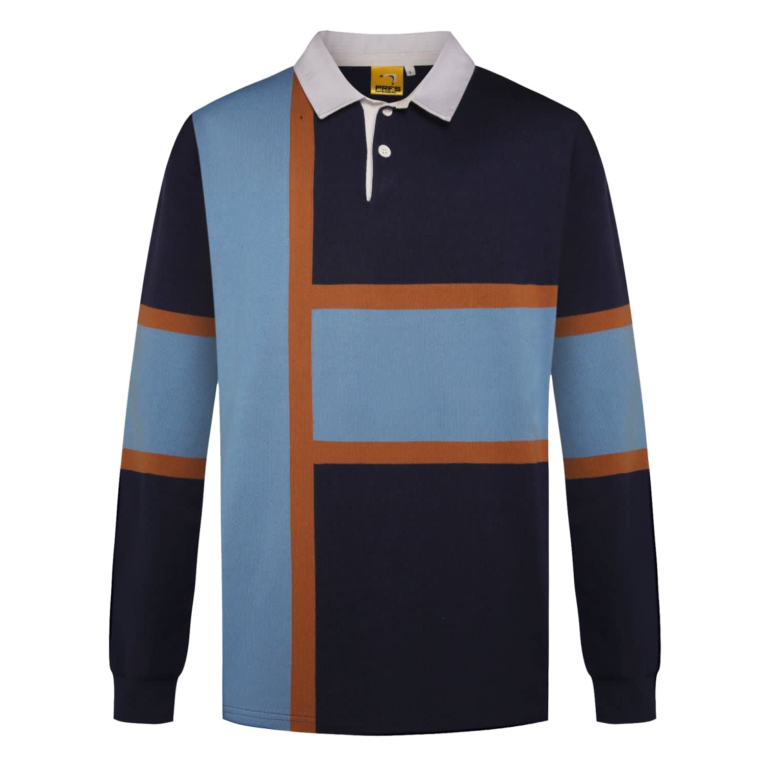 A long-sleeved polo shirt featuring a blue, navy, and brown geometric design, with a white collar and branding.