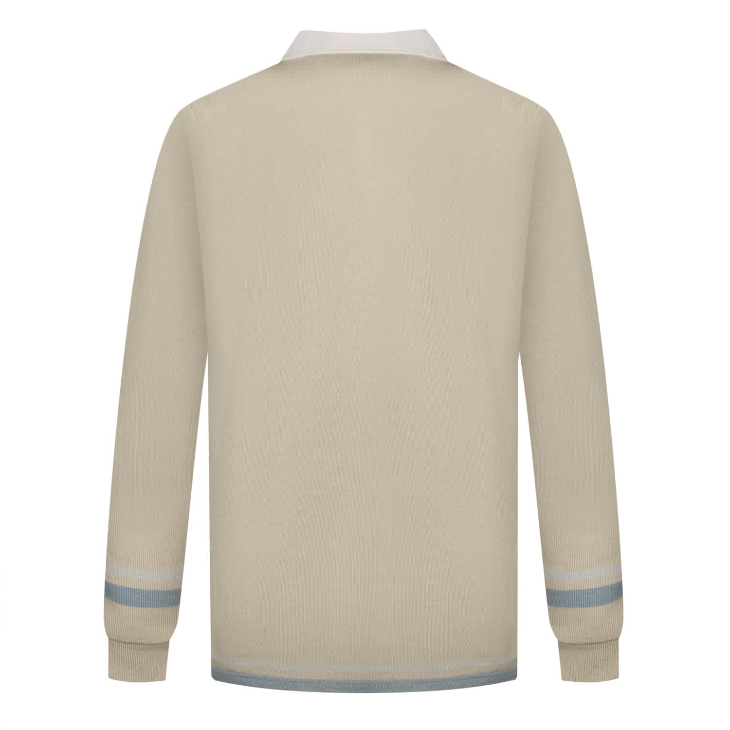 A beige sports jumper with long sleeves and a white collar, featuring a logo on the chest.