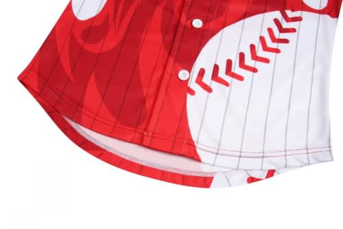 A red and white baseball uniform with button detailing, featuring a baseball graphic and pinstripe pattern.