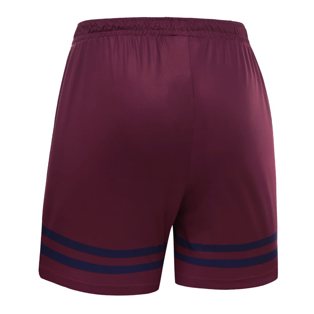Maroon shorts with a stretchy waistband and navy stripes at the bottom. Features branding on the waistband.