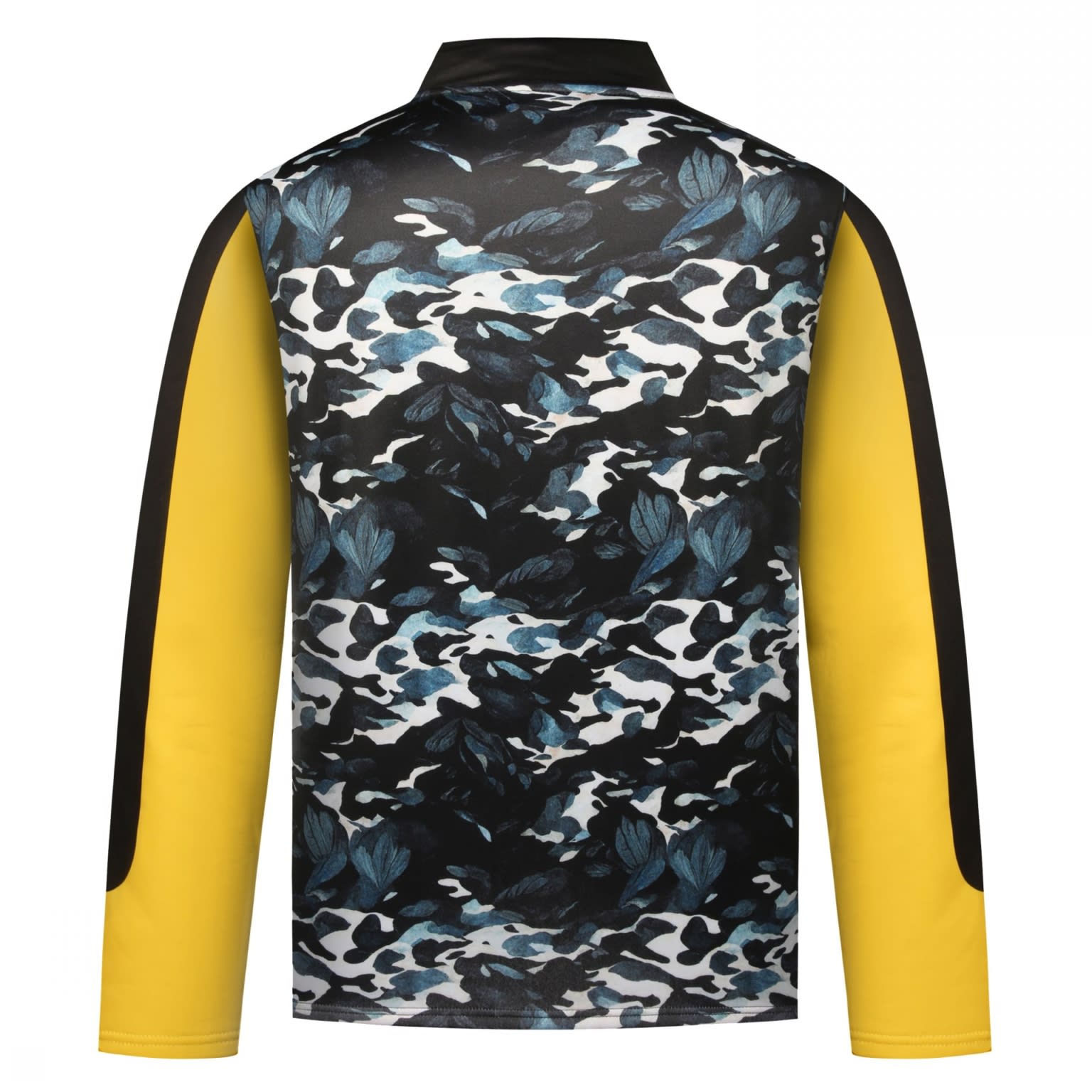 A long-sleeve pullover featuring a black and blue floral camouflage pattern with yellow sleeves.