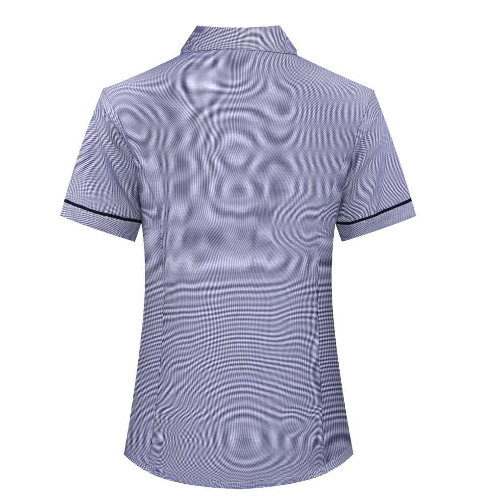 A customised blue and white checkered school girl blouse featuring a collar and contrasting sleeve trim.