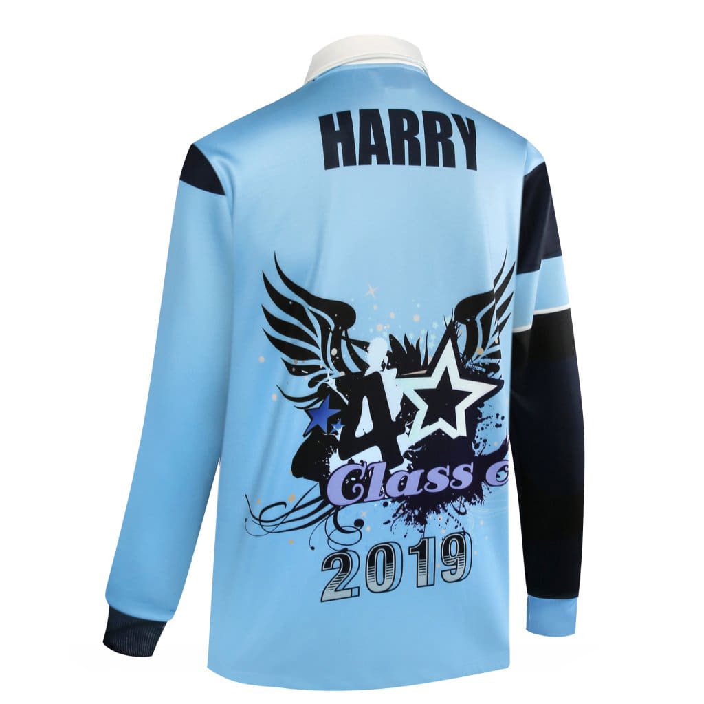 A light blue polo shirt with black sleeves and a large graphic design on the back, featuring a logo.