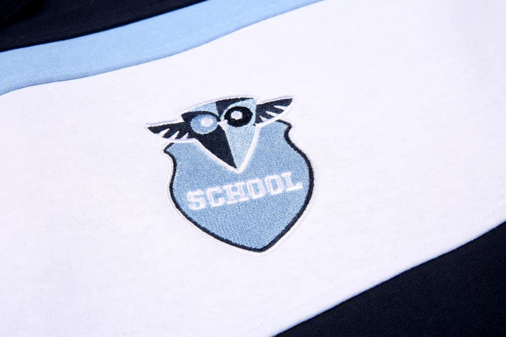 A polar fleece hoodie with blue and white stripes, featuring a shield logo on the front.