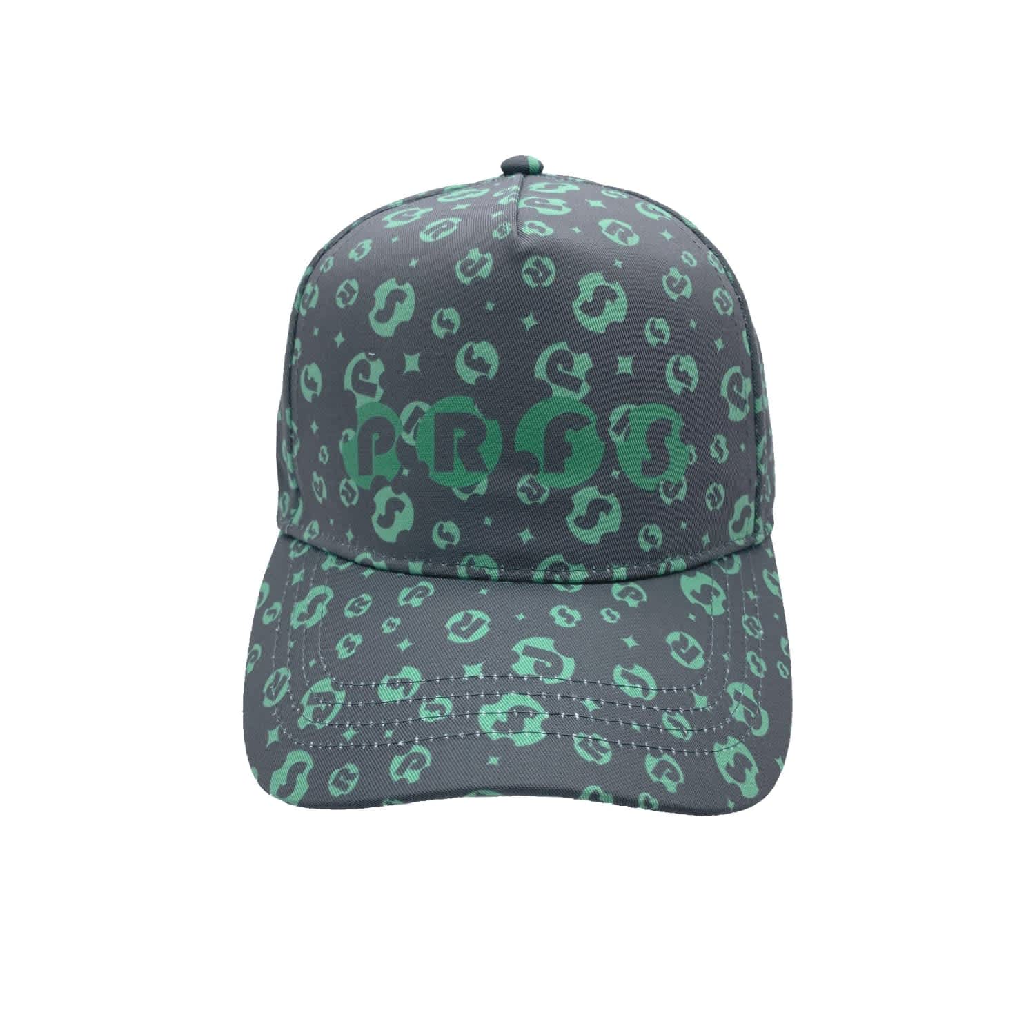 A grey and green sublimated sport cap featuring a leopard print pattern and a logo on the front.