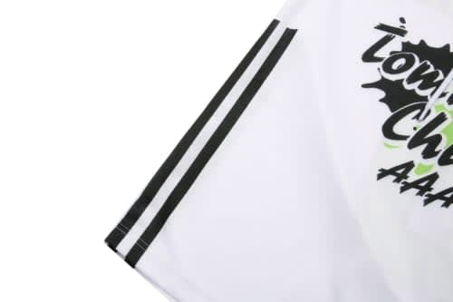A white ice hockey racing suit featuring black stripes and a logo, showcasing a sporty design.