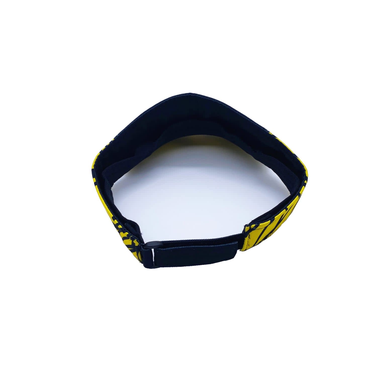 A sublimated sport visor featuring a black and yellow design, with an adjustable strap and interior lining.