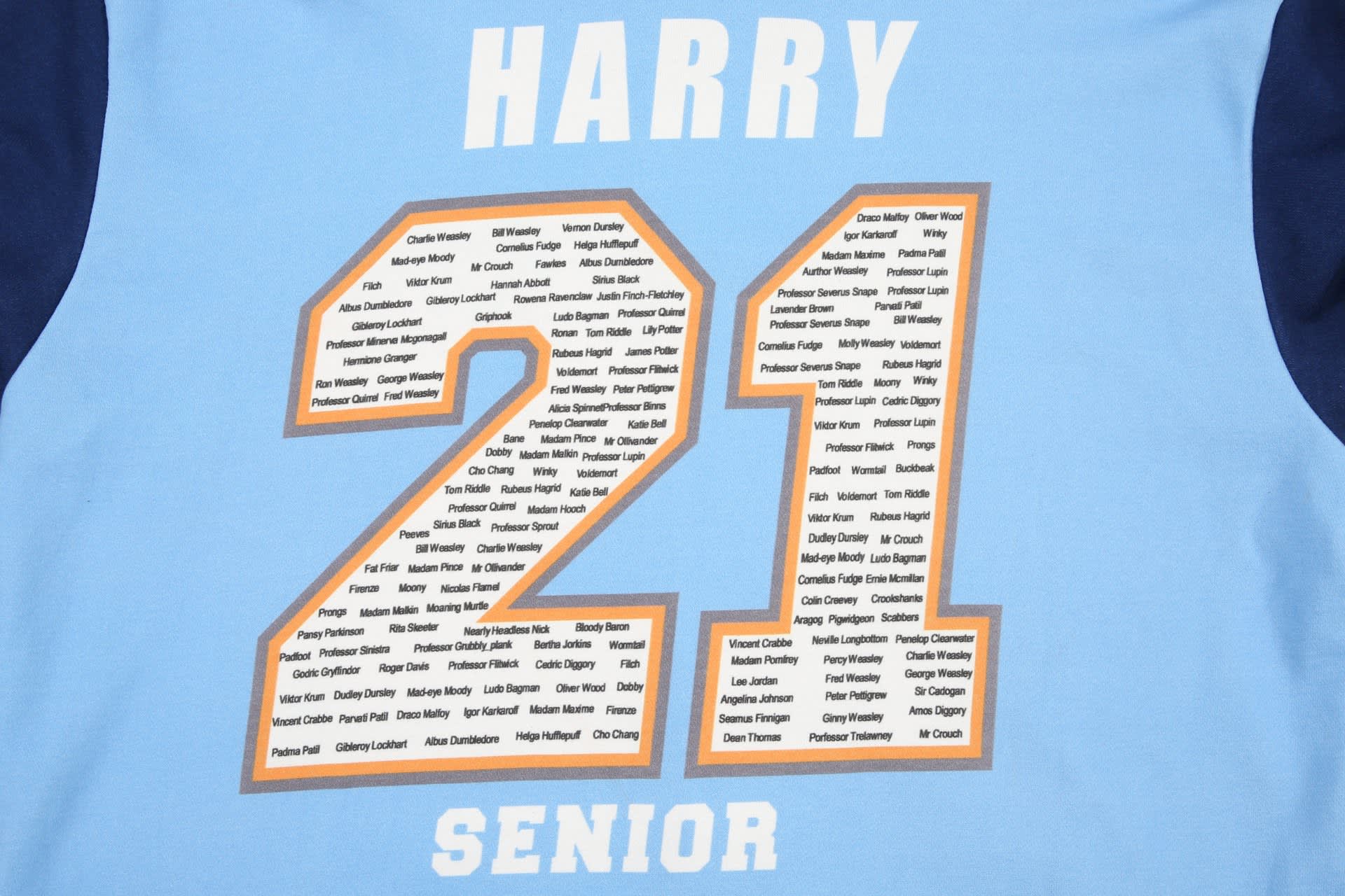 A light blue hoodie with navy sleeves featuring the number "21" and names printed around it, along with the word "SENIOR".