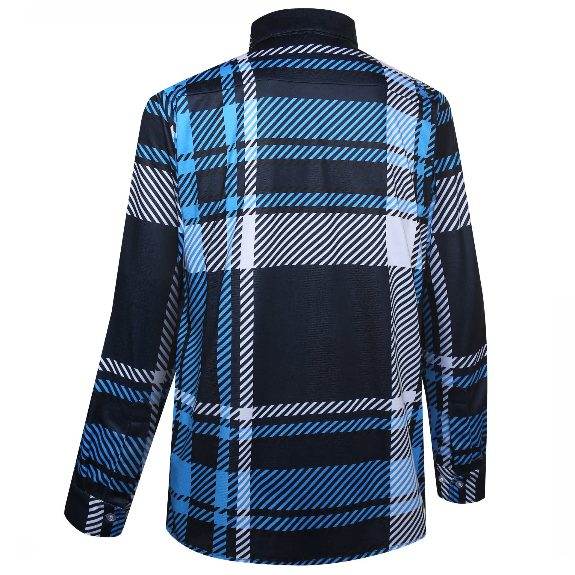 A flannel shirt featuring a blue and black checked pattern, with a collar and long sleeves. It has a logo on the back.