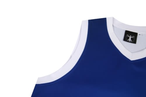 A blue sports jersey with white accents and a branding label on the collar.